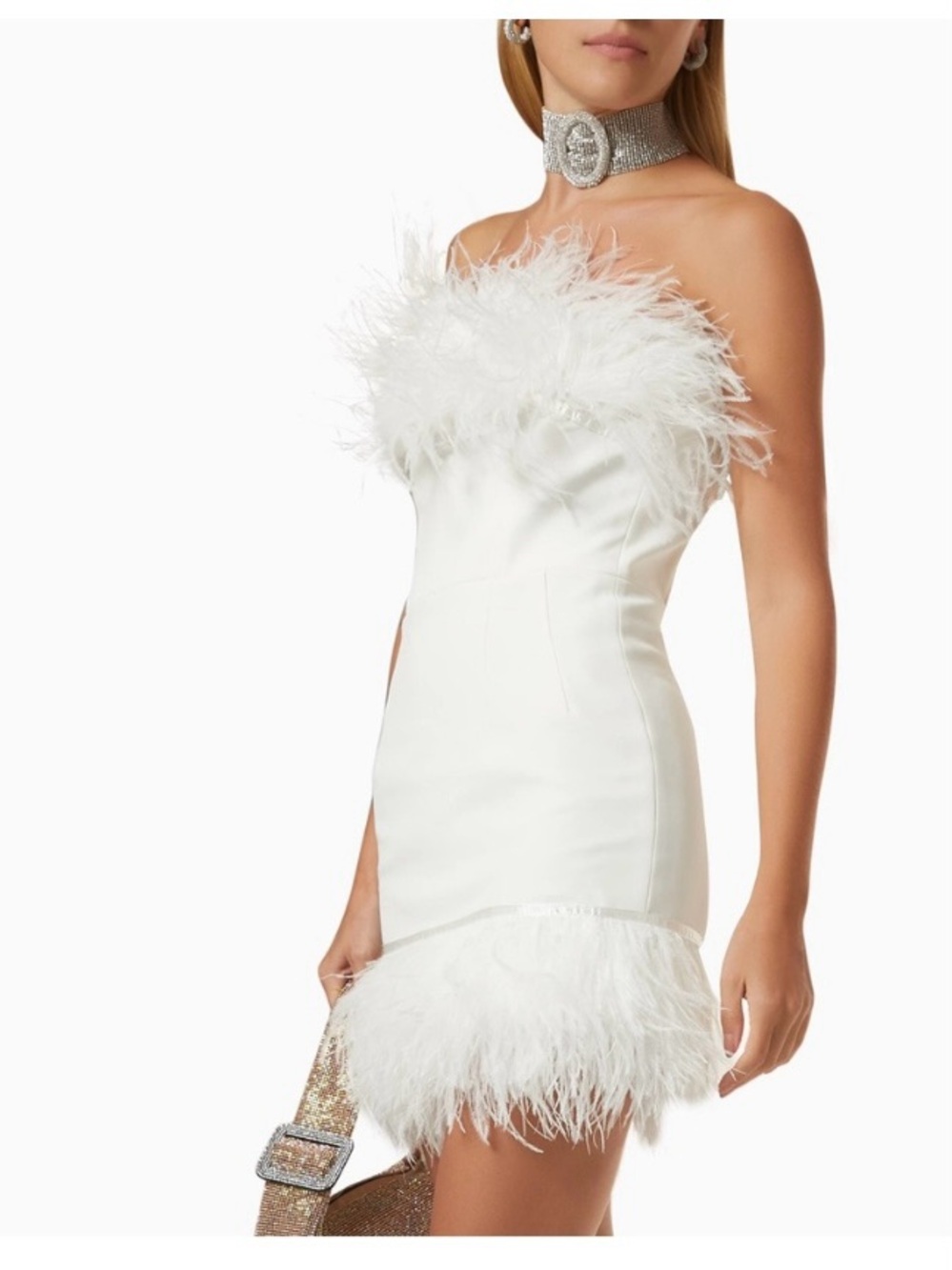 Bronx and Banco Lola Feathered White Strapless Zip Up Mini Dress Size 4